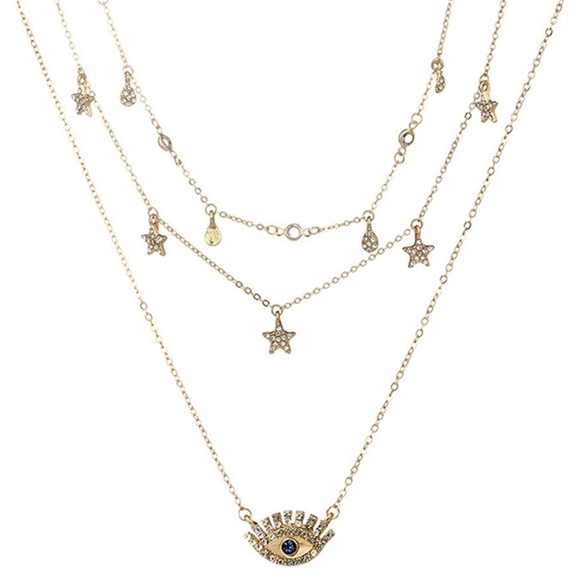 Gold Tone Star Eye Layered Necklace - Picture 3 of 6
